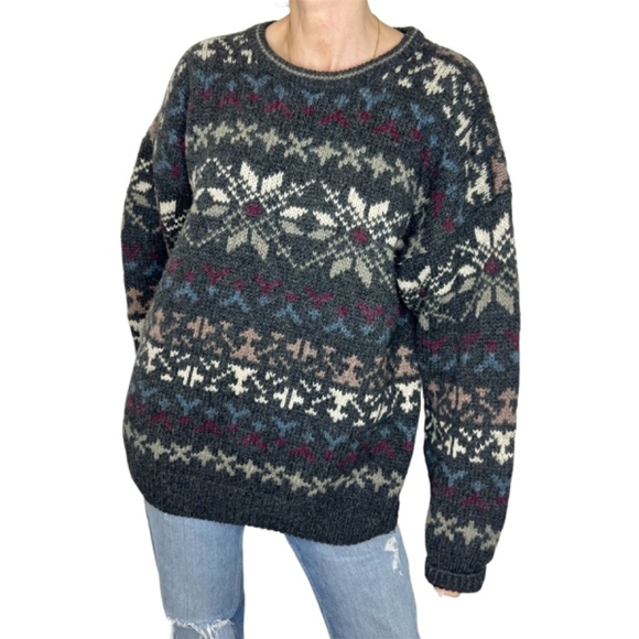 Vintage 100% wool grey fair isle knit crew neck pullover ski sweater L - Picture 1 of 13